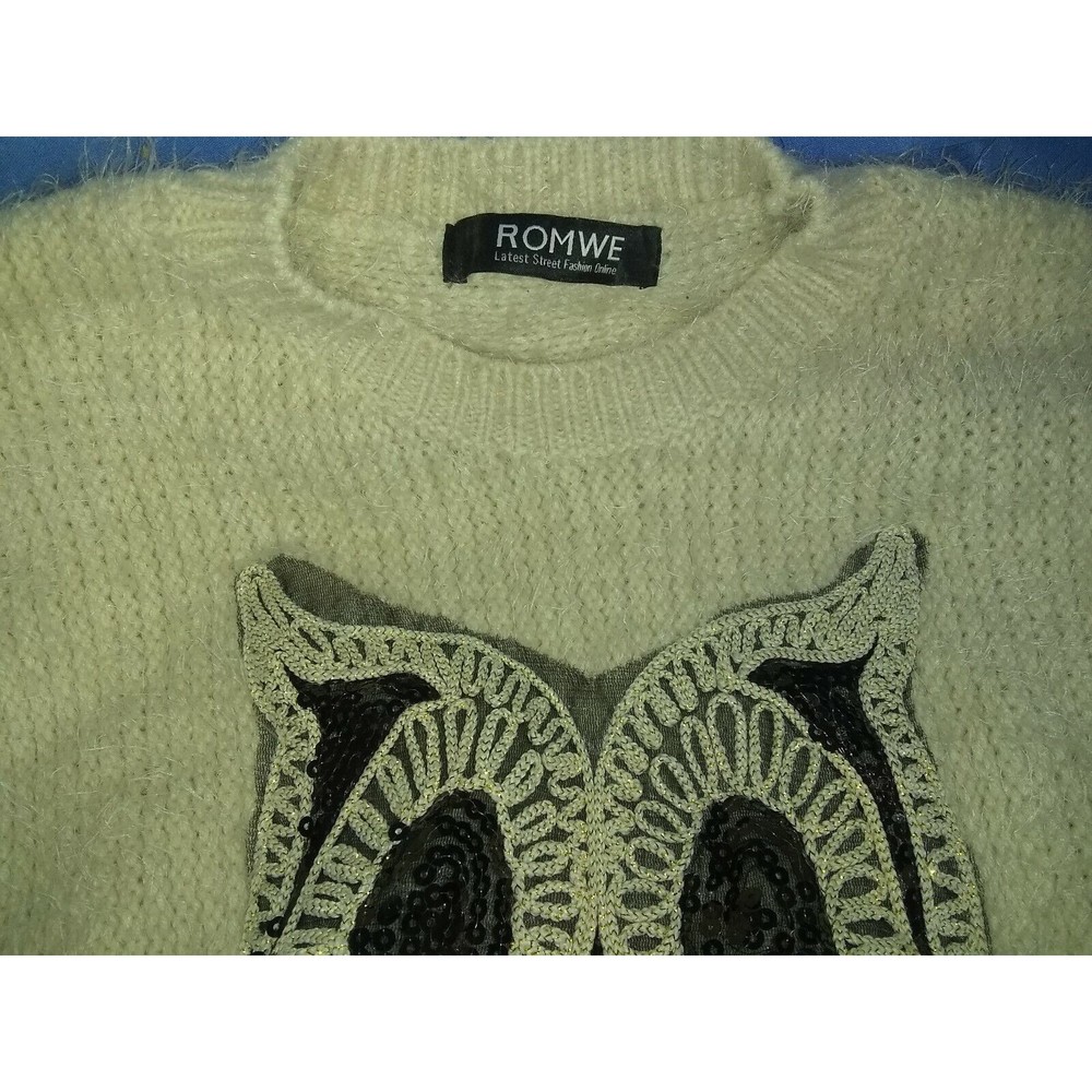 Women's Romwe Sweater Beaded Twinkling Owl Beige Super Soft - Picture 2 of 5